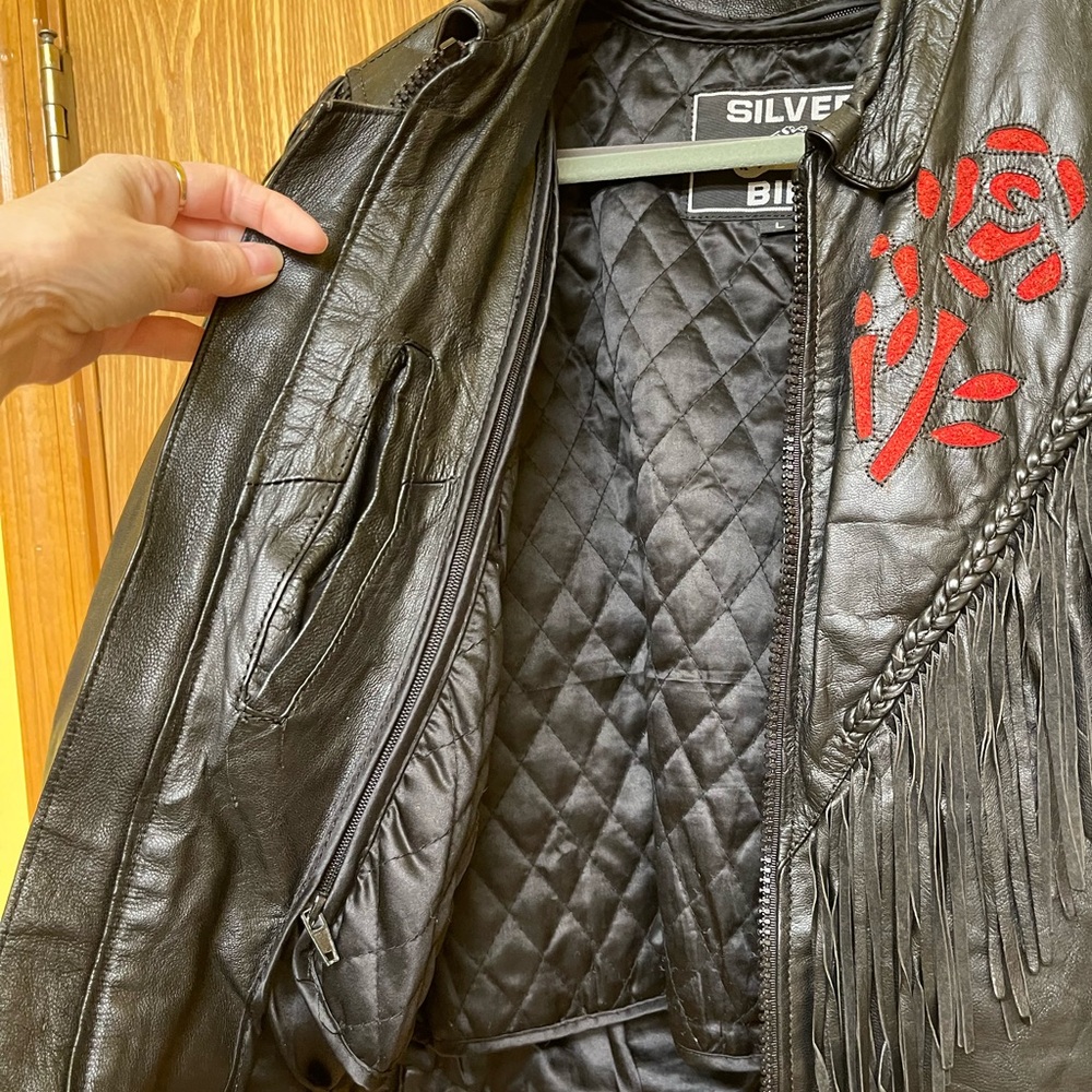 Vintage Leather Rose detail Fringe Bomber Moto Jacket Black Red Ladies Large - Picture 7 of 7